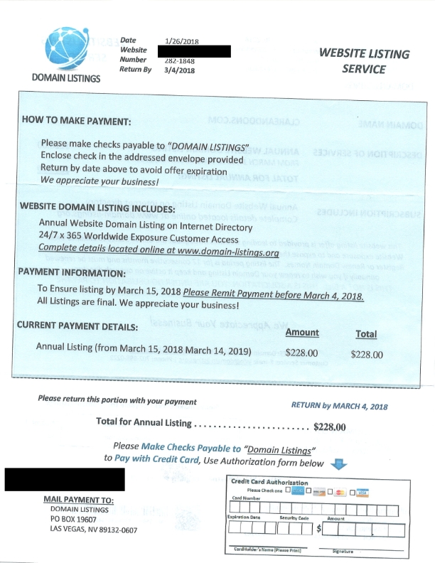 Please make checks payable to DOMAIN LISTINGS. Website domain listing includes: annual website domain listing on internet directory. 24/7 x 365 Worldwide exposure on customer access. Complete details located online at www.domain-listings.org