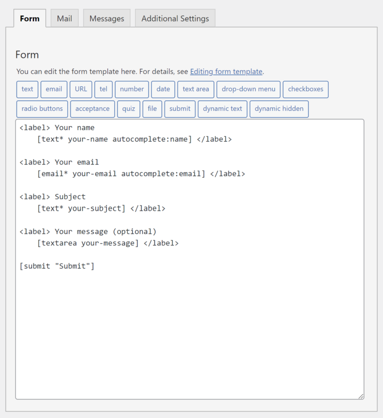 A screenshot of the Contact Form 7 form edit screen with the default form and it's 4 fields: name, email, subject, and message followed by the submit button.