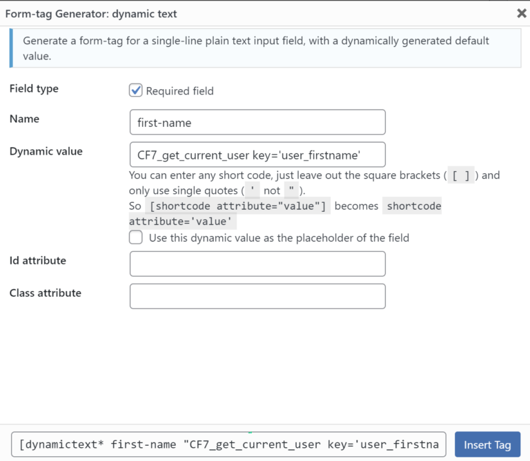 A screenshot of the form tag generator showing all the settings laid out in this step.